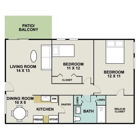 A floor plan of a house with a living room, two bedrooms, a dining room, kitchen, pantry, bathroom, and walk-in closet.